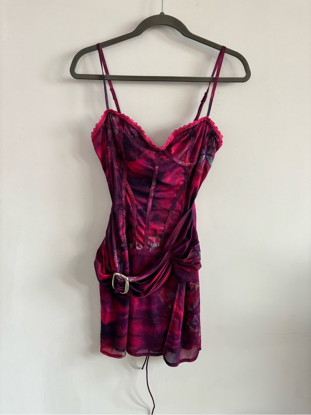 Women’s- Fuchsia/ Purple/ Pink- Lace-Trim Belted Drapes Slip Dress- Small